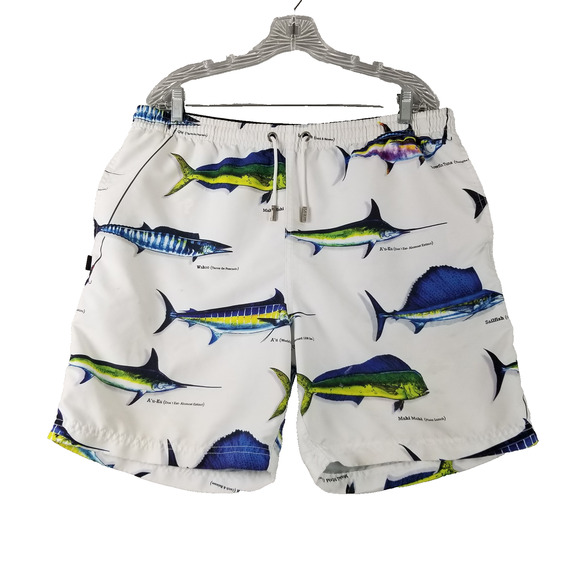 MKS Unlimited Swim Shorts Mens 38 Fish Print Board Trunks Lined Pockets Beach - Picture 1 of 16